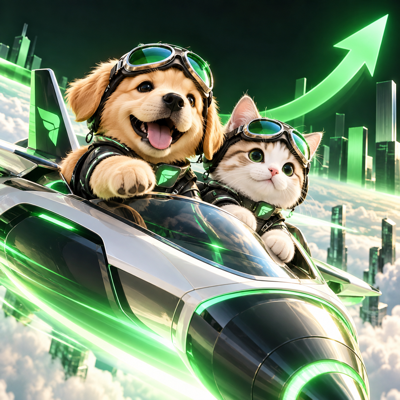 PawPilot cat and dog crew inside a futuristic emerald aircraft